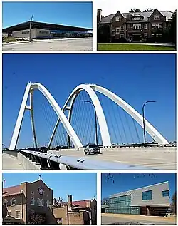 Top: Quad Cities Waterfront Convention Center, Bettendorf House, Middle: I-74 Bridge, Bottom: The Abbey Center, The Family Museum.