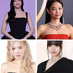 Lineup of Blackpink since 2016. Clockwise from top left: Jisoo, Jennie, Rosé, Lisa