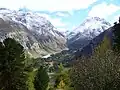 The Muretto Pass is a V-shaped valley between the mountains of the Swiss Alps.