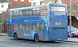Rear end view of a Myllennium Vyking in England, showing the different rear-end layout of the Volvo B7L chassis used in the United Kingdom.