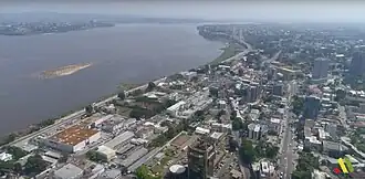 An aerial view of Brazzaville towards the Congo River and, in the distance, Kinshasa.
