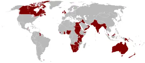 Shows large portions of a map shaded red, particularly in Africa, Canada, India, Australia, and a few others