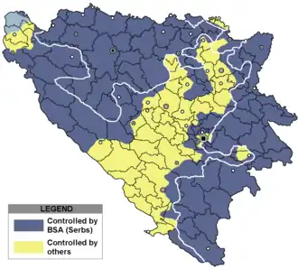 With Karadžić in charge, Serbian soldiers took over all of the blue areas on this map