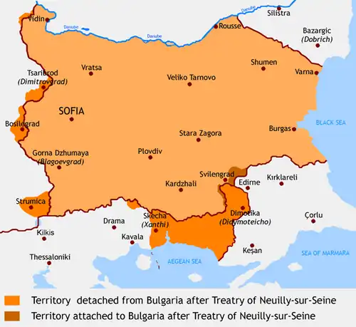 Map of Bulgaria after the Treaty of Neuilly-sur-Seine