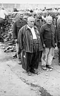Part of a Dachau roll call; day badges are visible on the detainees' uniforms