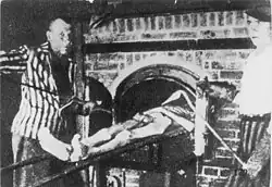 Former Dachau Sonderkommando show how they had to burn corpses in crematorium ovens