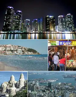 Top: Aerial view of Busan with GwangandaegyoMiddle: Haeundae Beach (left), Jagalchi Market (right)Bottom: Haedong Yonggungsa Temple (left), Haeundae at night (right)