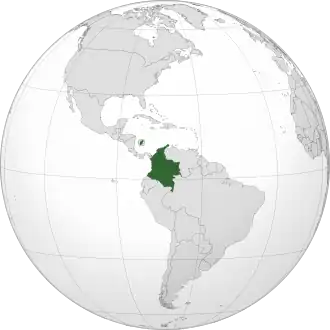 Location of &nbsp;Colombia&nbsp;&nbsp;(dark green)in South America&nbsp;&nbsp;(grey)