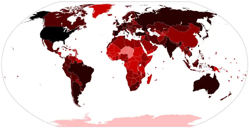 Map of the COVID-19 outbreak &nbsp;&nbsp;100,000+ confirmed cases&nbsp;&nbsp;10,000–99,999 confirmed cases&nbsp;&nbsp;1,000–9,999 confirmed cases&nbsp;&nbsp;100–999 confirmed cases&nbsp;&nbsp;10–99 confirmed cases&nbsp;&nbsp;1–9 confirmed cases&nbsp;&nbsp;No confirmed cases, no population, or no data available