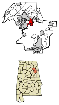 Location of Glencoe in Calhoun County and Etowah County, Alabama.