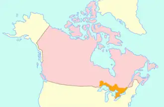 Map of Upper Canada (in orange) with 21st-century Canada (in pink) surrounding it