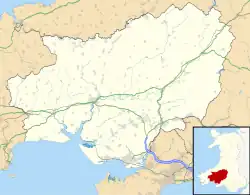 Map of Carmarthenshire, with a red dot showing the position of Carmarthen