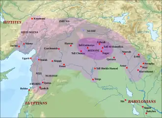 Kingdom of Mitanni at its greatest extent under Barratarna c. 1490 BC