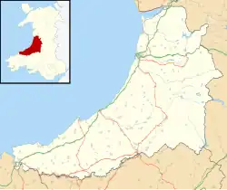 Map of Ceredigion, with a red dot showing the location of Lampeter