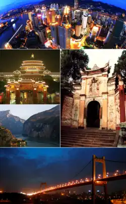 Clockwise from top: Jiefangbei CBD Skyline, Baidicheng temple, E'gongyan Bridge, Qutang Gorge, and the Great Hall of the People.