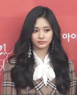 Tzuyu in plaid against red backdrop