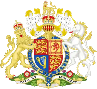 Coat of arms containing shield and crown in centre, flanked by lion and unicorn