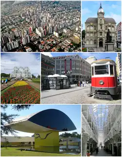 Clockwise from Top: Skyline from Barigui Park; 24&nbsp;Hours Street; Paço da Liberdade; The Botanical Garden of Curitiba, Oscar Niemeyer Museum; Palace Avenue building.