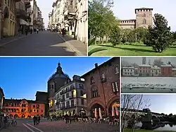 Top left:Strada Nuova shopping area, Top right:Visconti Castle, Bottom left:Sunset in Vittoria Square and Broletto Cathedral, Bottom upper right:Borgo Basso area and riverside of Ticino, Bottom lower right:Coperto Bridgr and Ticino River