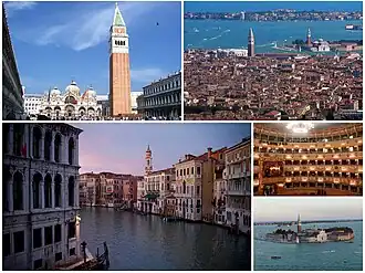 A collage of Venice: at the top left is the Piazza San Marco, followed by a view of the city, then the Grand Canal and interior of La Fenice, as well as the island of San Giorgio Maggiore.