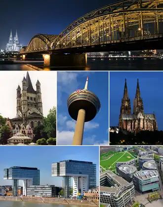 From top to bottom, left to right:
Hohenzollern Bridge by night, Great St. Martin Church, Colonius TV-tower, Cologne Cathedral, Kranhaus buildings in Rheinauhafen, MediaPark