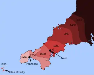 A colour-coded map of Cornwall, with the sea around it. Cornwall is dark red in the east and pale pink in the west, with a range of intermediate shades of red between, showing when people spoke the Cornish language. As time went on, fewer and fewer people in Cornwall spoke Cornish and only people in the west did.