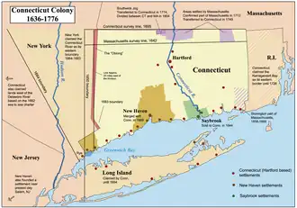 A map of the Connecticut, New Haven, and Saybrook colonies.