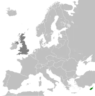 Cyprus in the 1930s, with Cyprus in dark green and the United Kingdom in dark grey