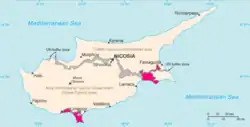 Location of Akrotiri (left) and Dhekelia (right) in pink on Cyprus (pink, grey, and beige)