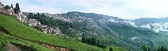 A panoramic view of a hill range. The upper portions of the nearer hillsides have tiled houses, while the farther hillsides and the lower portions of the nearer ones are covered with green bushes. A few coniferous trees are scattered throughout.