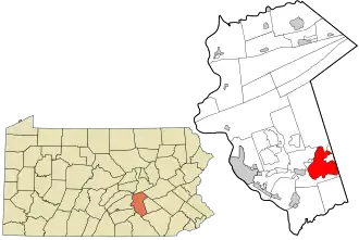 Location of Hershey in Dauphin County (left) and of Dauphin County in Pennsylvania (right)