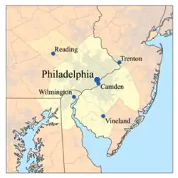 Map of the Lower Delaware Valley Metropolitan Area. In addition to the shaded area, other parts of South Jersey are often considered to be part of the Delaware Valley.