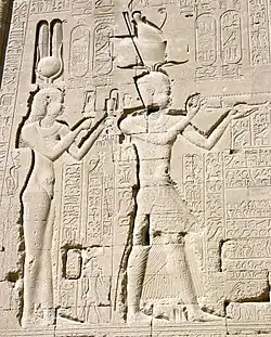 Caesarion and his mother at a wall painting in Temple of Edfu