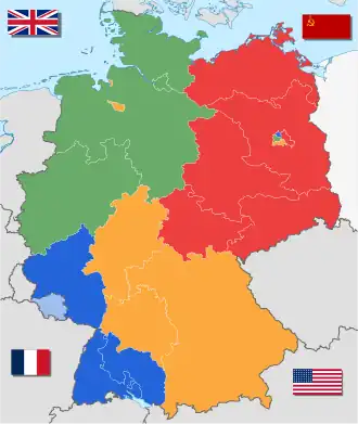 Post-Nazi German occupation borders and territories from 1945 to 1949.British (green), French (blue), American (orange) and Soviet (red) occupation zones. Saar Protectorate (light blue) in the west under the control of France.Berlin is the quadripartite area shown within the red Soviet zone. Bremen consists of the two orange American exclaves in the British sector.