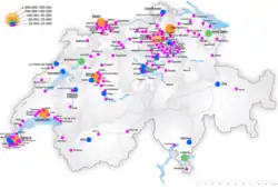 map of Switzerland with dots showing places with more than 10,000 people