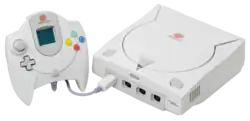 An NTSC Sega Dreamcast Console and controller with VMU.