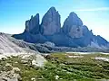 The peaks of the Tre Cime di Lavaredo or Drei Zinnen in the Dolomites (South Tyrol-Veneto)