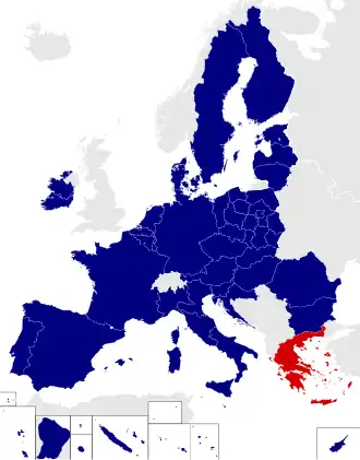 Map of the European Parliament constituencies with Greece highlighted in red