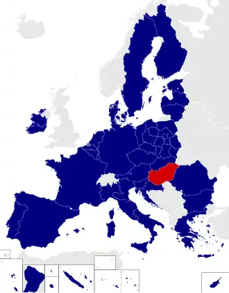 Map of the European Parliament constituencies with Hungary highlighted in red
