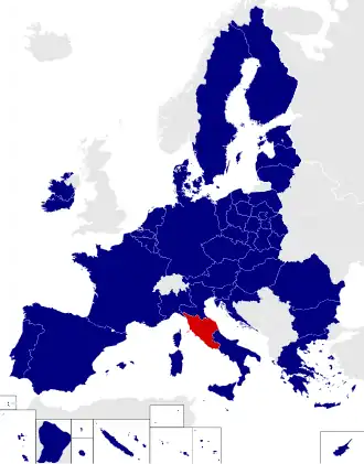 Map of the European Parliament constituencies with Central Italy highlighted in red