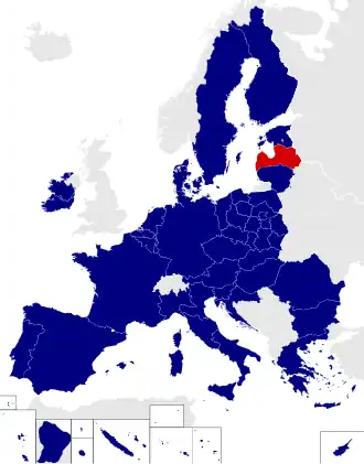 Map of the European Parliament constituencies with Latvia highlighted in red
