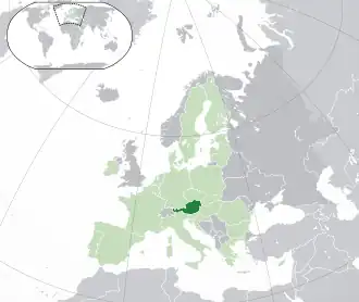 Location of &nbsp;Austria&nbsp;&nbsp;(dark green)–&nbsp;on the European continent&nbsp;&nbsp;(green &&nbsp;dark grey)–&nbsp;in the European Union&nbsp;&nbsp;(green)&nbsp; —&nbsp; [Legend]
