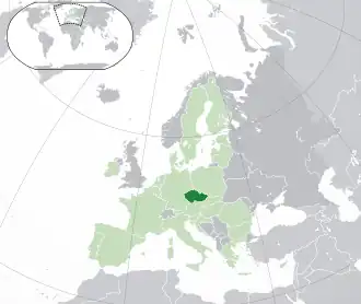 Location of the&nbsp;&nbsp;Czech Republic&nbsp;&nbsp;(dark green)–&nbsp;on the European continent&nbsp;&nbsp;(green &&nbsp;dark grey)–&nbsp;in the European Union&nbsp;&nbsp;(green)&nbsp; —&nbsp; [Legend]