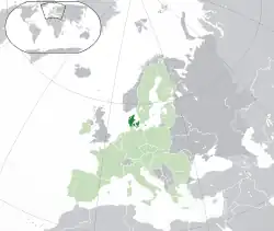 Location of &nbsp;Denmark proper&nbsp;&nbsp;(dark green)–&nbsp;on the European continent&nbsp;&nbsp;(green &&nbsp;dark grey)–&nbsp;in the European Union&nbsp;&nbsp;(green)