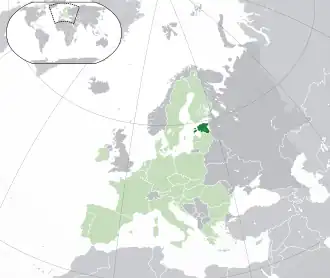 Location of &nbsp;Estonia&nbsp;&nbsp;(dark green)–&nbsp;on the European continent&nbsp;&nbsp;(green &&nbsp;dark grey)–&nbsp;in the European Union&nbsp;&nbsp;(green)&nbsp; —&nbsp; [Legend]