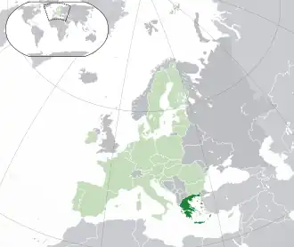 Location of &nbsp;Greece&nbsp;&nbsp;(dark green)–&nbsp;on the European continent&nbsp;&nbsp;(green &&nbsp;dark grey)–&nbsp;in the European Union&nbsp;&nbsp;(green)&nbsp; —&nbsp; [Legend]