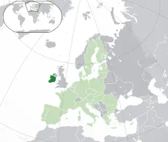 Location of &nbsp;Ireland&nbsp;&nbsp;(dark green)–&nbsp;on the European continent&nbsp;&nbsp;(green &&nbsp;dark grey)–&nbsp;in the European Union&nbsp;&nbsp;(green)