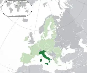 Location of &nbsp;Italy&nbsp;&nbsp;(dark green)–&nbsp;on the European continent&nbsp;&nbsp;(light green &&nbsp;dark grey)–&nbsp;in the European Union&nbsp;&nbsp;(light green)&nbsp; —&nbsp; [Legend]