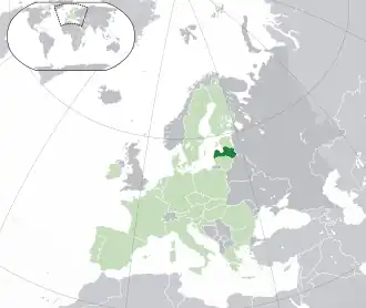 Location of &nbsp;Latvia&nbsp;&nbsp;(dark green)–&nbsp;on the European continent&nbsp;&nbsp;(green &&nbsp;dark grey)–&nbsp;in the European Union&nbsp;&nbsp;(green)&nbsp; —&nbsp; [Legend]