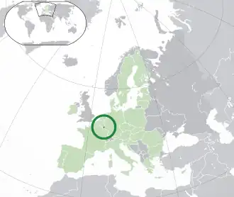 Location of &nbsp;Luxembourg&nbsp;&nbsp;(dark green)–&nbsp;on the European continent&nbsp;&nbsp;(green &&nbsp;dark grey)–&nbsp;in the European Union&nbsp;&nbsp;(green)&nbsp; —&nbsp; [Legend]